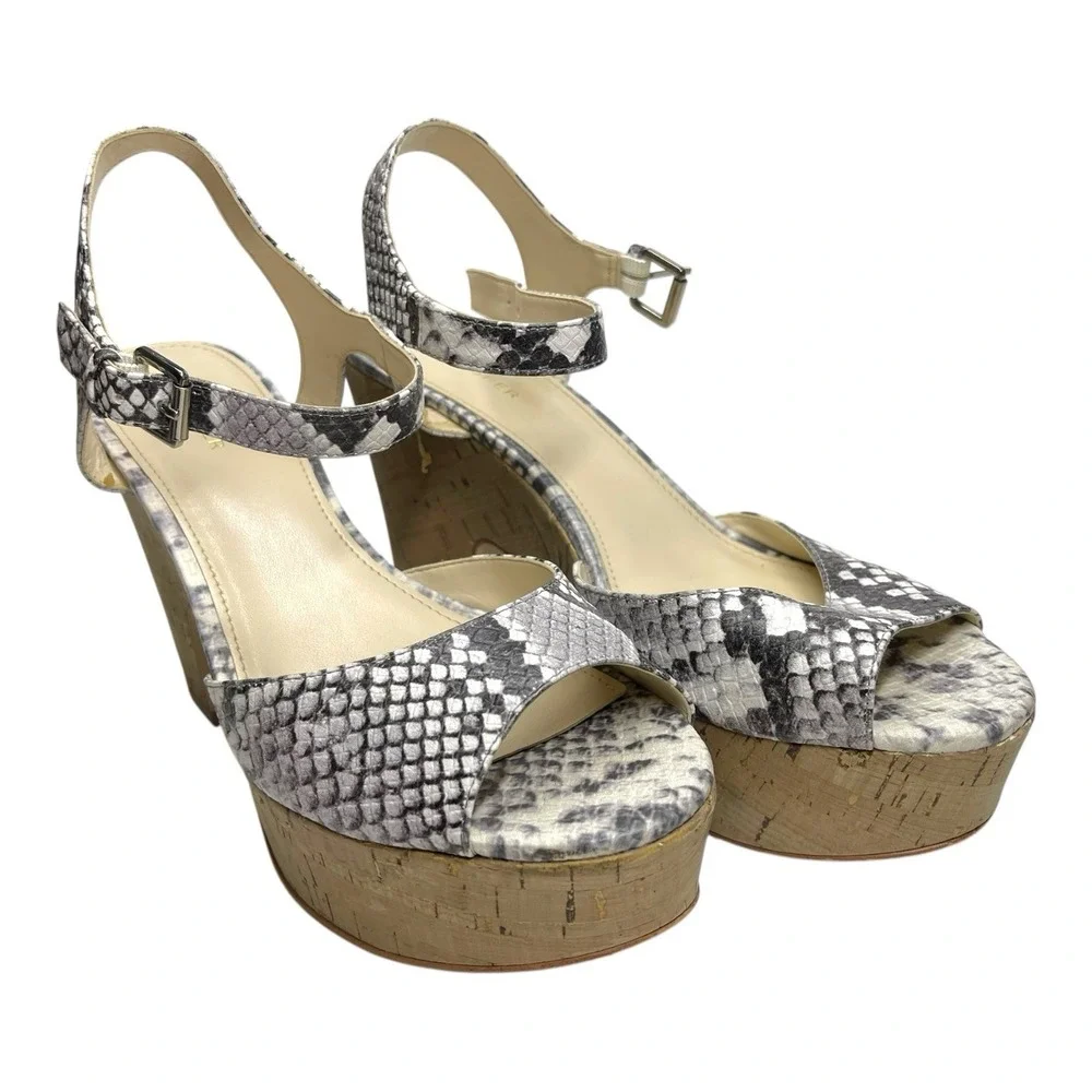 Marc Fisher 10M Grey Snakeskin Platform Sandals Cork Block Heel Boho Summer
